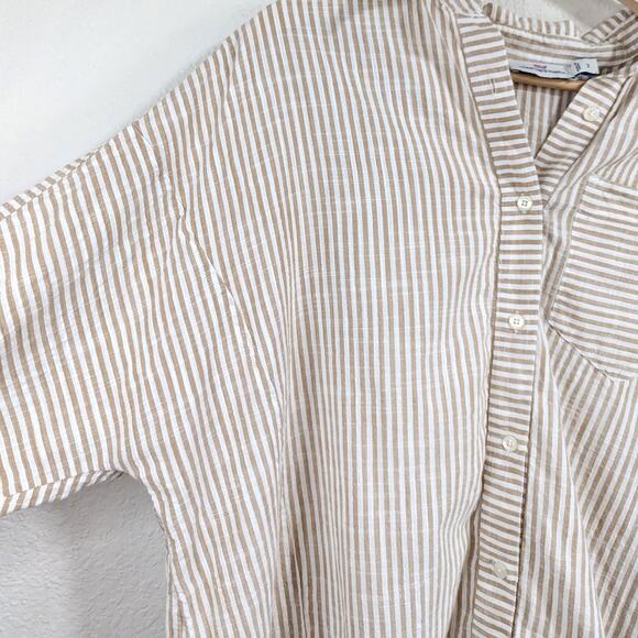 Vineyard Vines Beige Stripe Button Up Shirt Pocket Relaxed Cotton Womens 2 - Picture 3 of 8